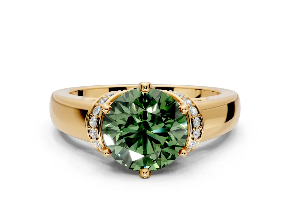 Solitaire Engagement Ring Setting for Fancy Green Round Cut Center with Wide Band, Pave Collar and Prong Head in Yellow Gold