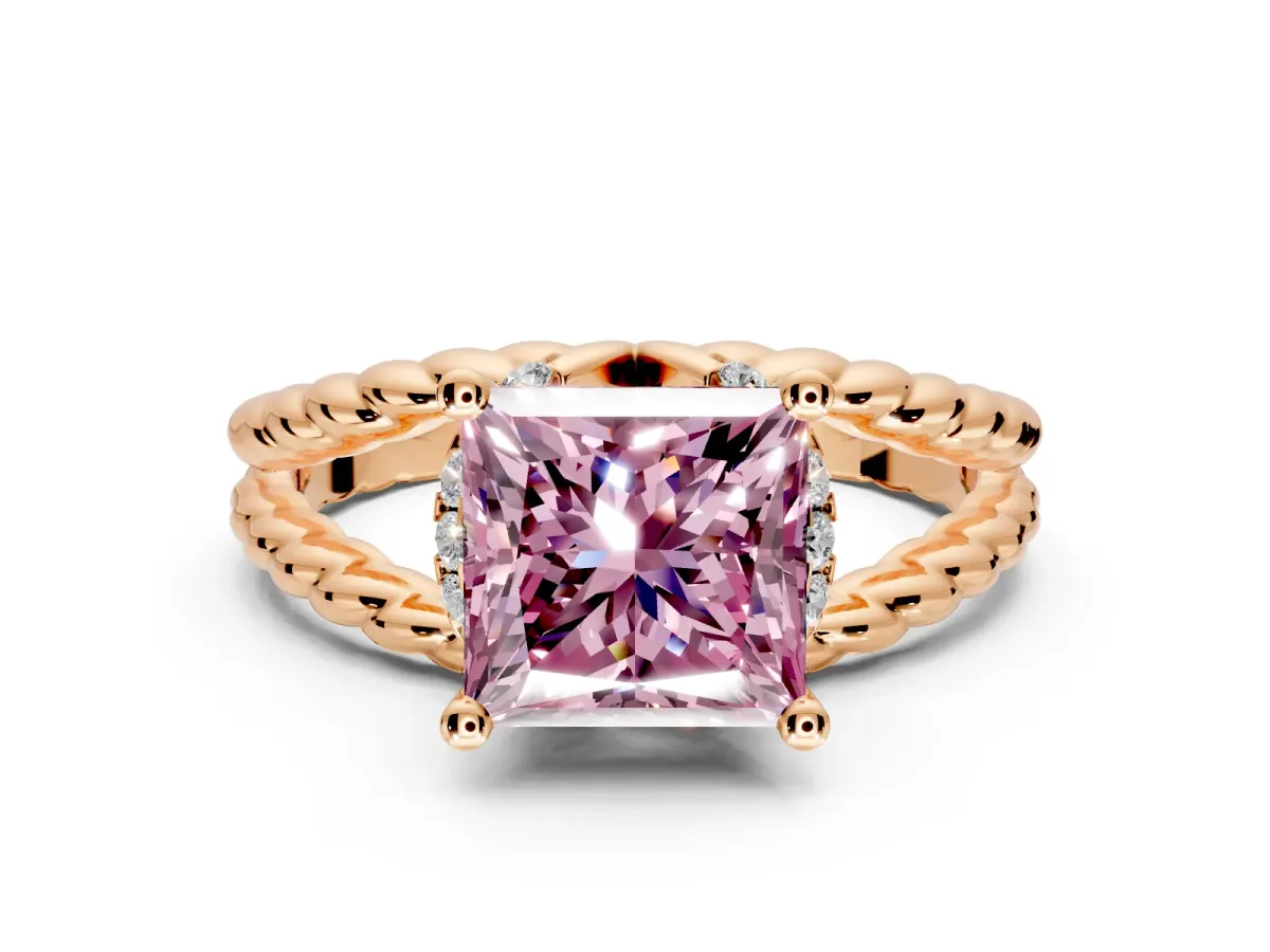 Halo Engagement Ring Setting for Fancy Pink Princess Cut Center with Rope Twist Split Shank and Prong Head in Rose Gold