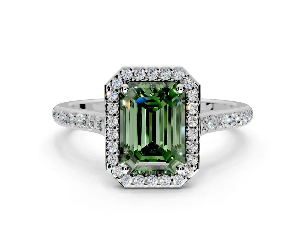 Halo Engagement Ring Setting for Fancy Green Emerald Cut Center with Pave Accents, Heart Basket and Prong Head in Platinum