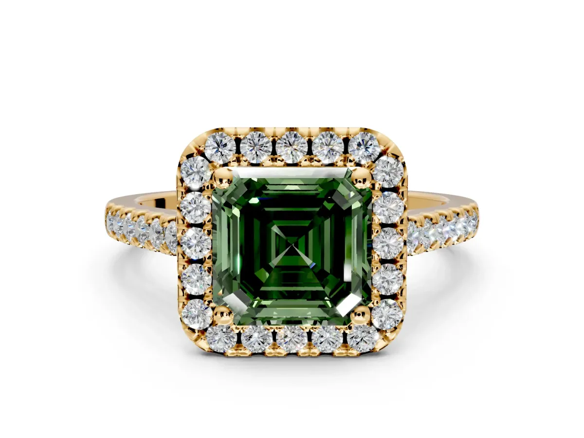 Halo Engagement Ring Setting for Fancy Green Asscher Cut Center with Raised Halo, Pave Band and Prong Head in Yellow Gold