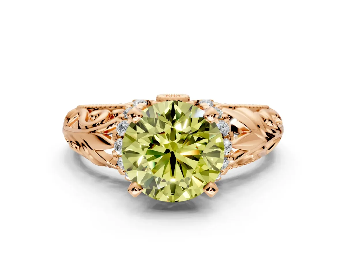 Solitaire Engagement Ring Setting for Fancy Yellow Round Cut Center with Filigree Accent Basket and Prong Head in Rose Gold