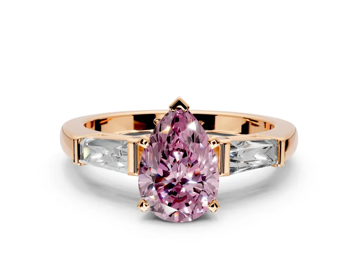 3 Stone Engagement Ring Setting for Fancy Pink Pear-Shaped Center with Tapered Baguettes, Plain Band and Prong Head in Rose Gold