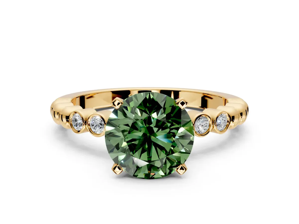 Solitaire Engagement Ring Setting for Fancy Green Round Cut Center with Bezel-Dot Beaded Band and Prong Head in Yellow Gold