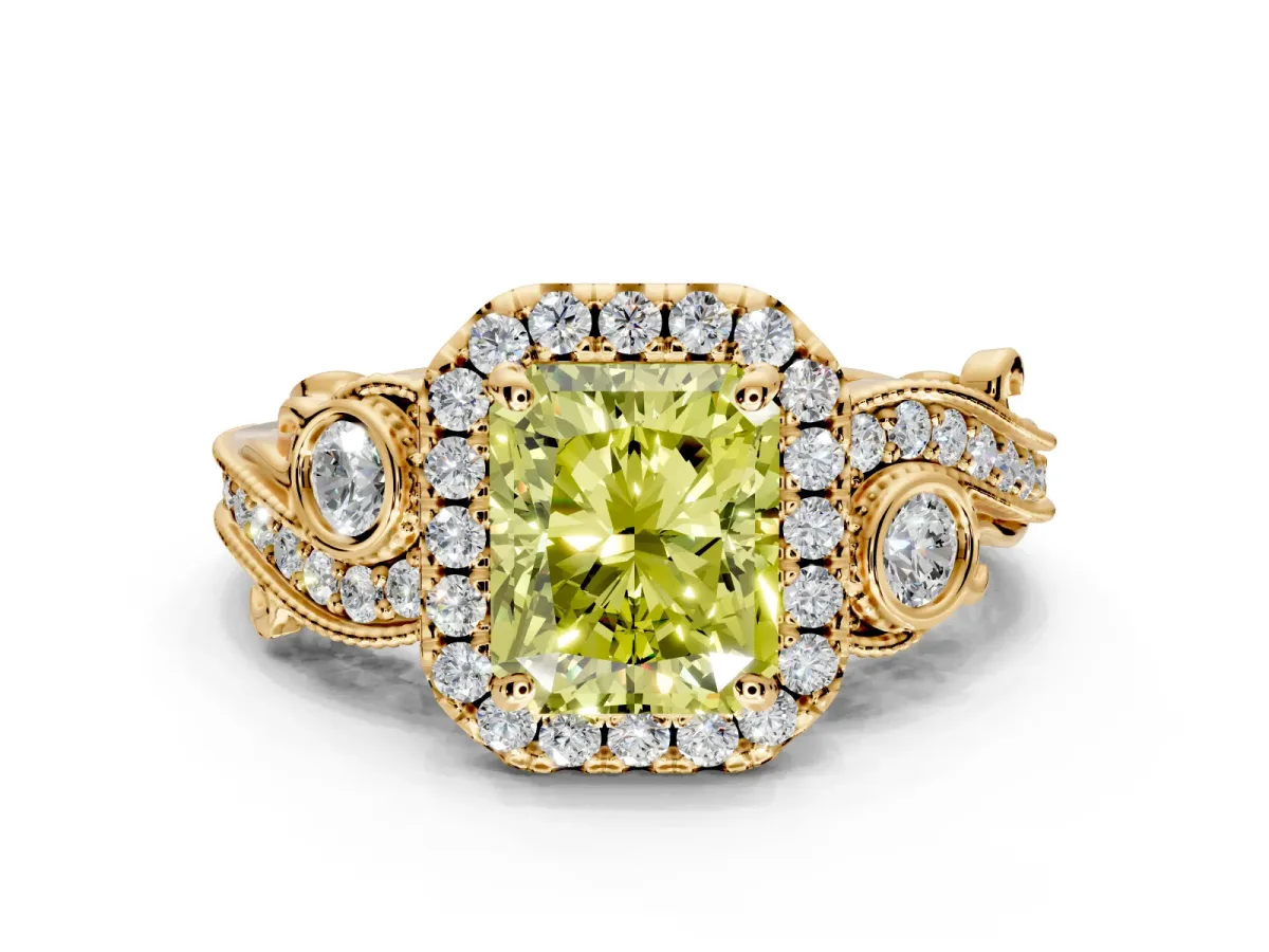 Milgrain Halo Engagement Ring Setting for Fancy Yellow Radiant Cut Center with Shoulder Bezels and Prong Head in Yellow Gold