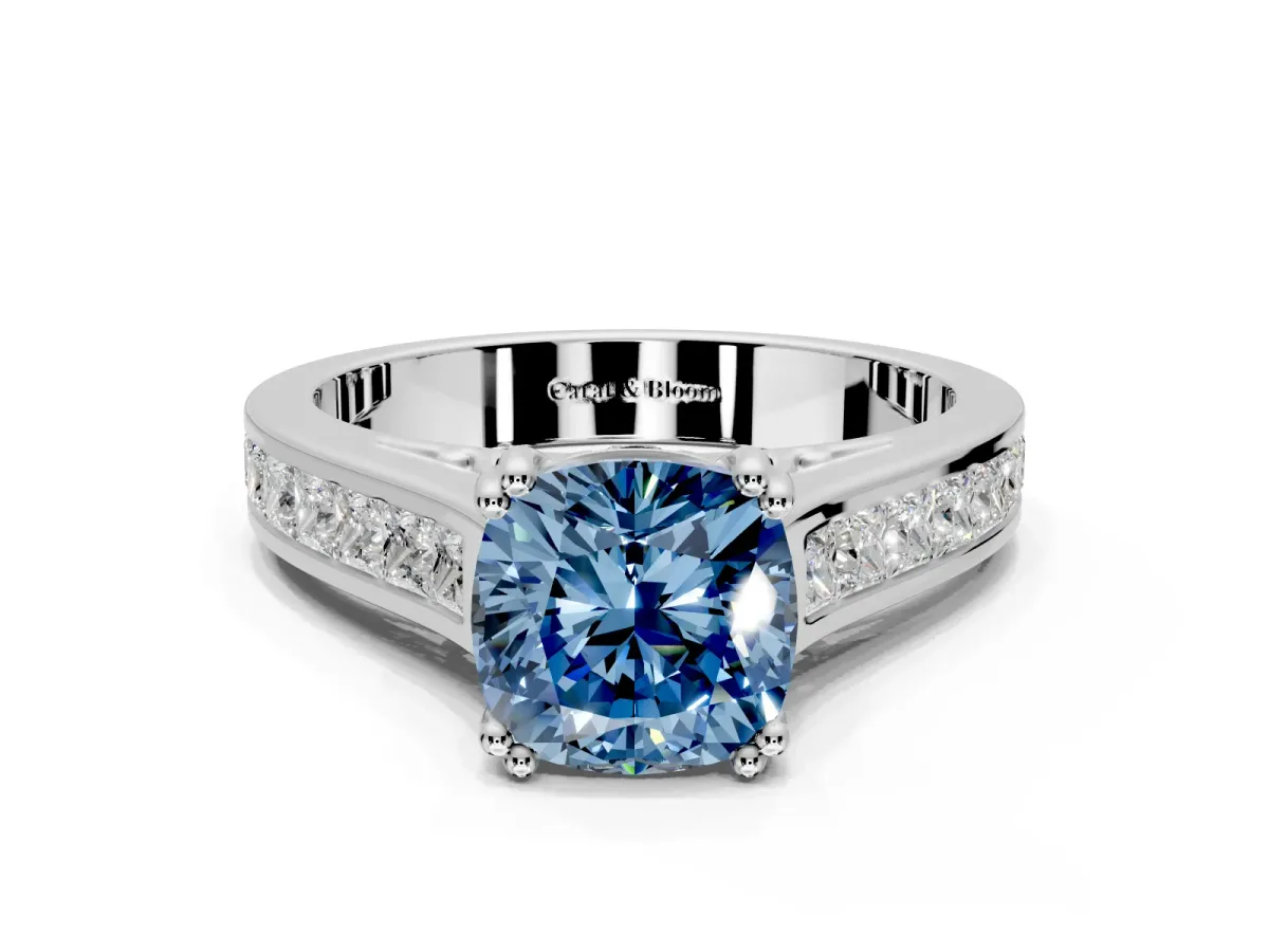 Solitaire Engagement Ring Setting for Fancy Blue Cushion Cut Center with Channel Band and Double Claw Prong Head in Platinum