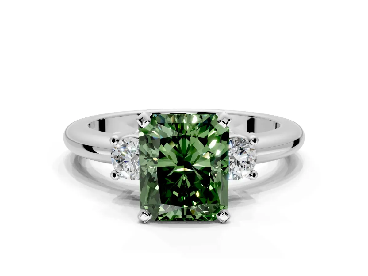 3 Stone Engagement Ring Setting for Fancy Green Radiant Cut Center with Wide Plain Band and Prong Head in Platinum