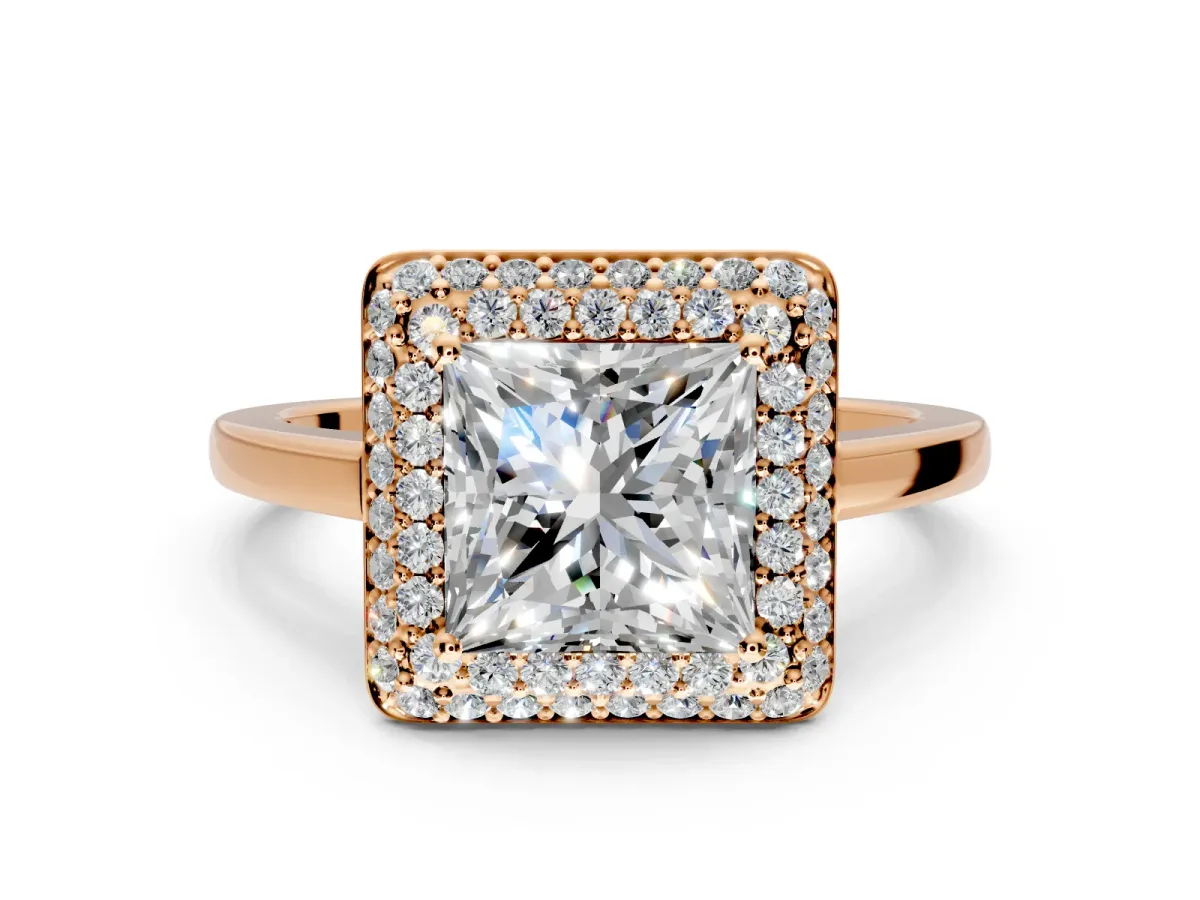 Halo Engagement Ring Setting for Princess Cut Center with Plain Tapered Band and Prong Head in Rose Gold
