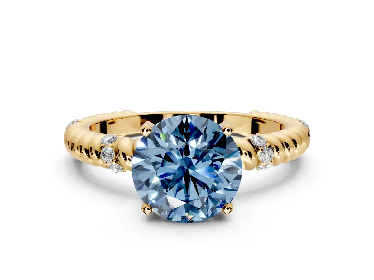 Rope Engagement Ring Setting for Fancy Blue Round Cut Center with Accent Shoulders and Prong Head in Yellow Gold