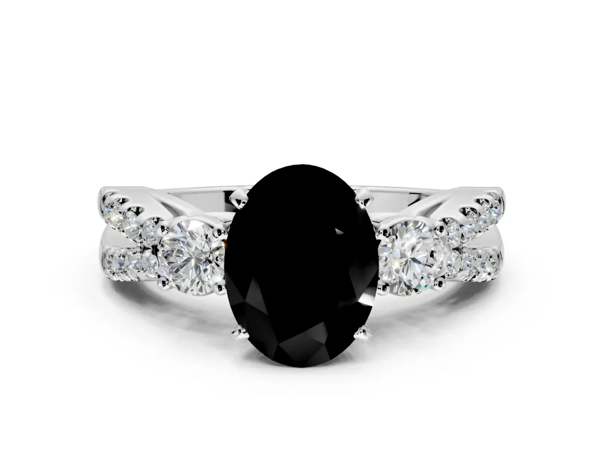3 Stone Engagement Ring Setting for Fancy Black Oval Center with Pave Split Shank and Prong Head in Platinum