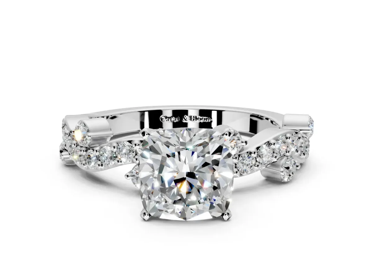 Solitaire Engagement Ring Setting for Cushion Cut Center with Bar-Station Pave Twist and Prong Head in White Gold