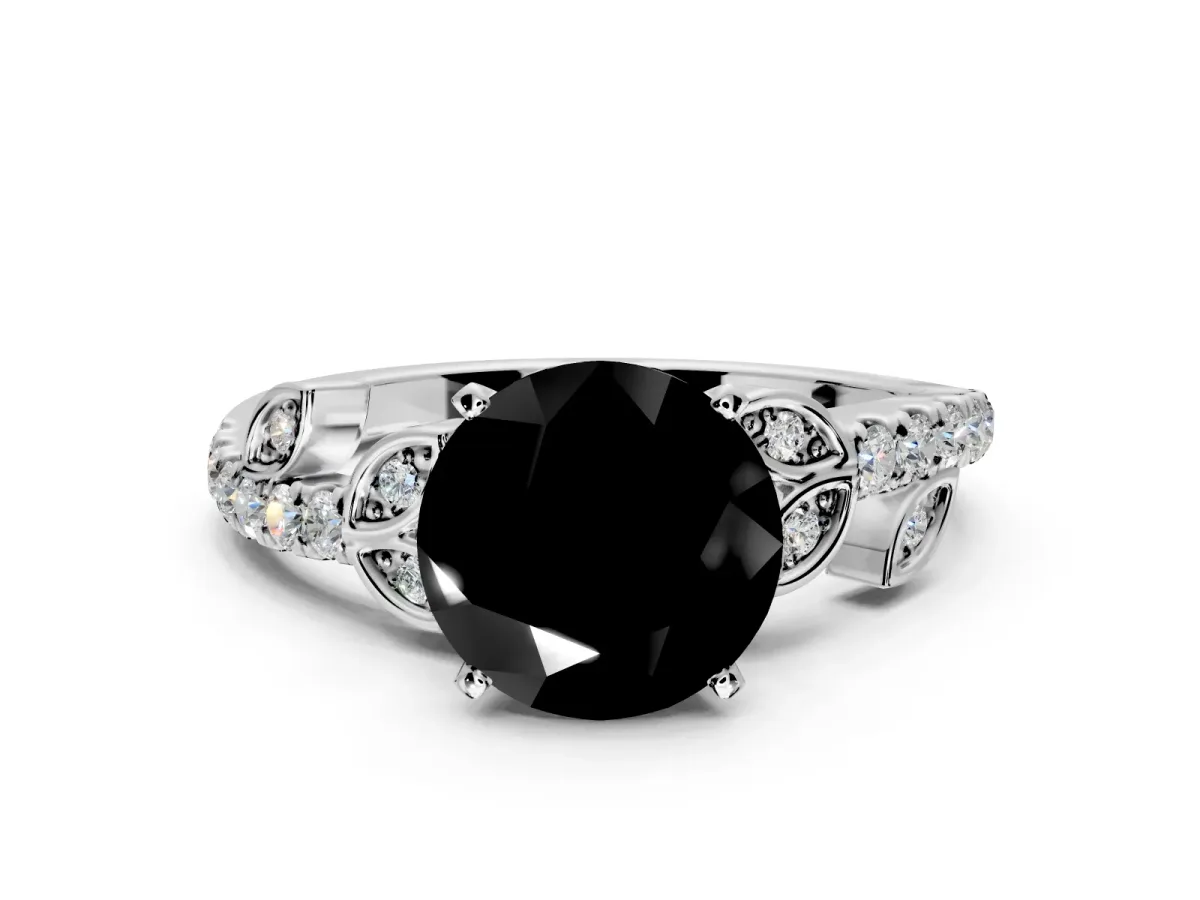 Leaf Motif Engagement Ring Setting for Fancy Black Round Cut Center with Pave Band and Prong Head in Sterling Silver
