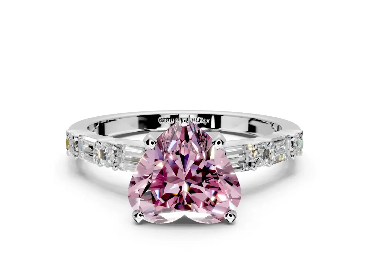Baguette Engagement Ring Setting for Fancy Pink Heart-Shaped Center with Alternating Bar-Set Band and Prong Head in White Gold