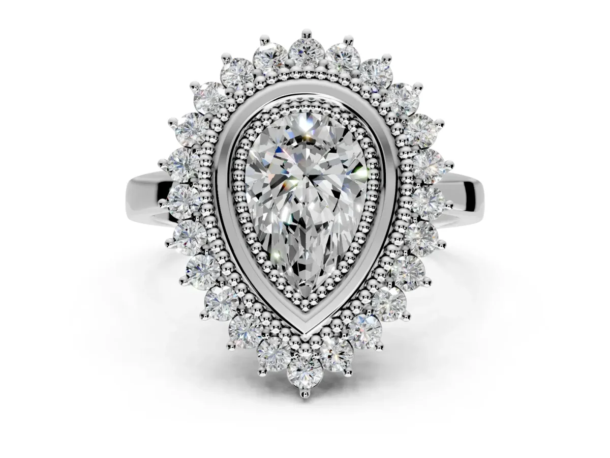Halo Engagement Ring Setting for Pear-Shaped Center with Milgrain Bezel Rim, Plain Band and Prong Head in Platinum