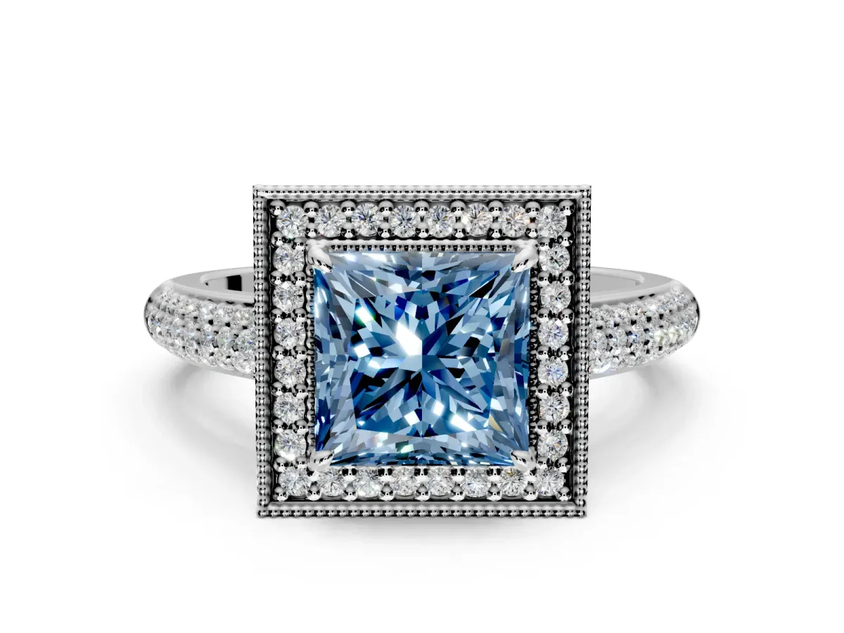 Milgrain Halo Engagement Ring Setting for Fancy Blue Princess Cut Center with Three-Sided Pave Band and Prong Head in White Gold