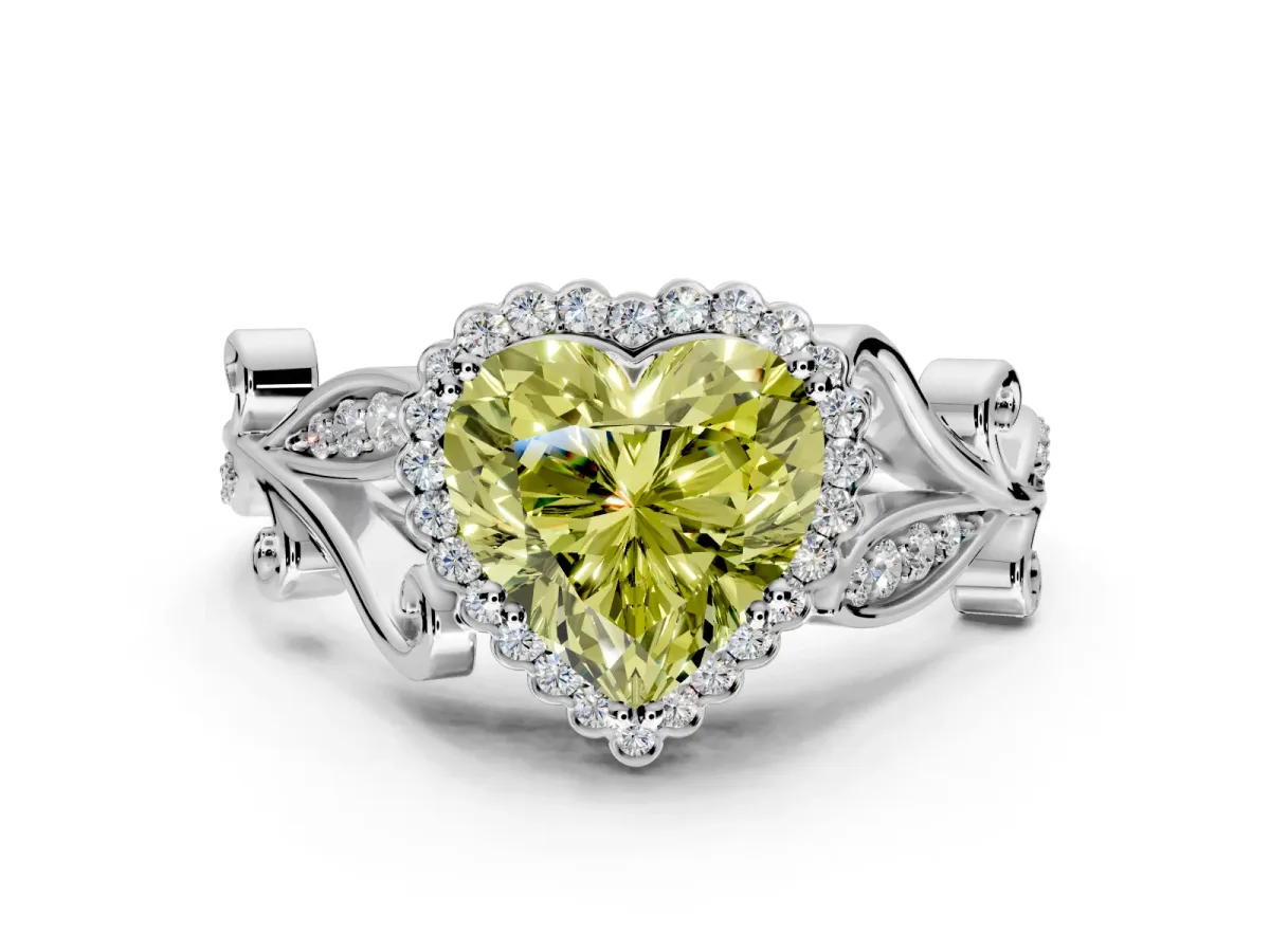 Halo Engagement Ring Setting for Fancy Yellow Heart-Shaped Center with Leaf Motif Split Shank and Prong Head in Platinum
