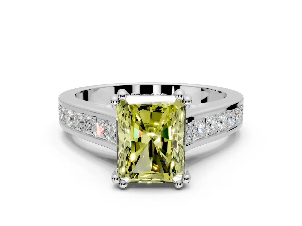 Solitaire Engagement Ring Setting for Fancy Yellow Radiant Cut Center with Channel Band and Double Claw Prong Head in Platinum