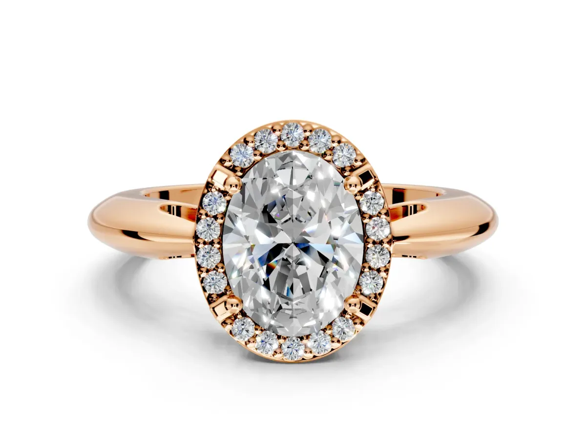 Halo Engagement Ring Setting for Oval Center with Tapered Plain Band and Prong Head in Rose Gold