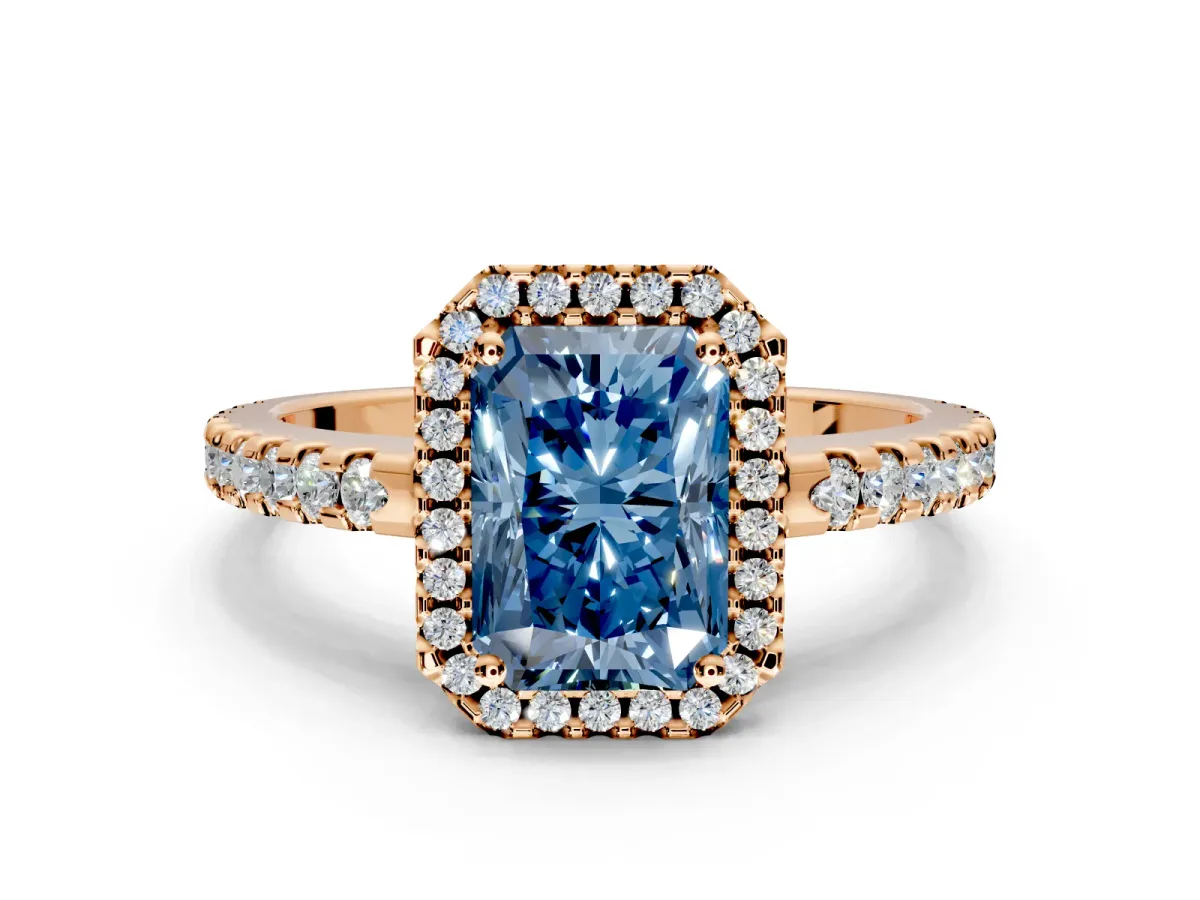Accent Halo Engagement Ring Setting for Fancy Blue Radiant Cut Center with Full-Length Pave Band and Prong Head in Rose Gold