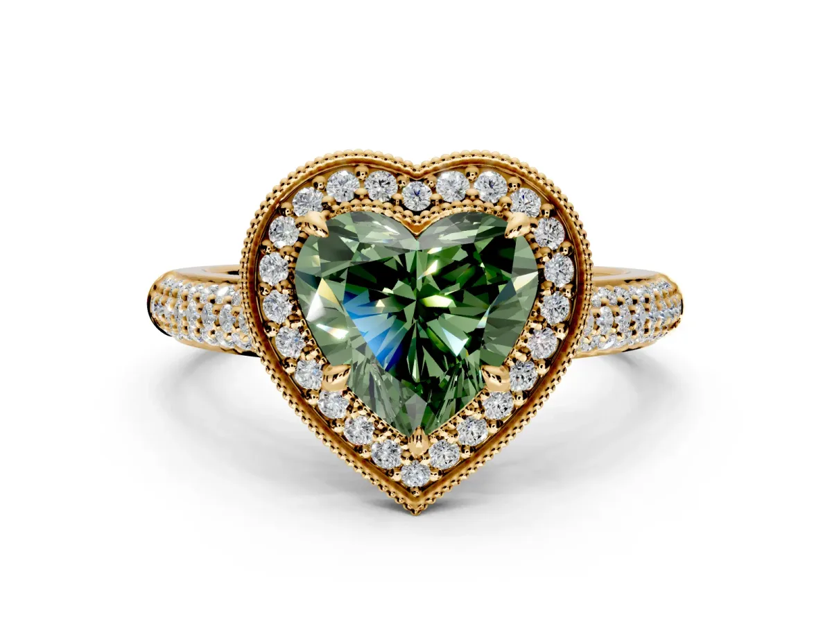 Milgrain Halo Engagement Ring Setting for Fancy Green Heart-Shaped Center with Three-Sided Pave Band and Prong Head in Yellow Gold