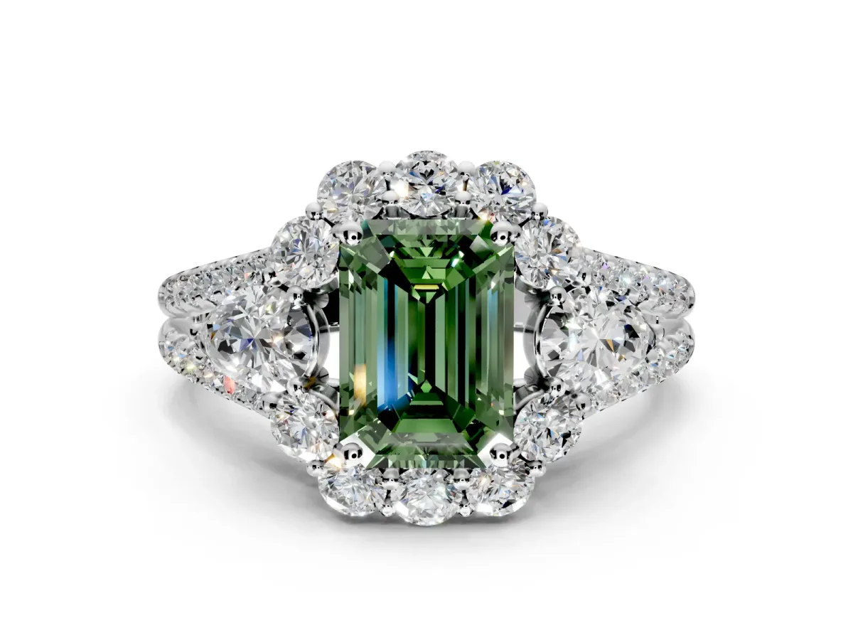 Halo Engagement Ring Setting for Fancy Green Emerald Cut Center with Two-Strand Split Shank and Prong Head in Platinum