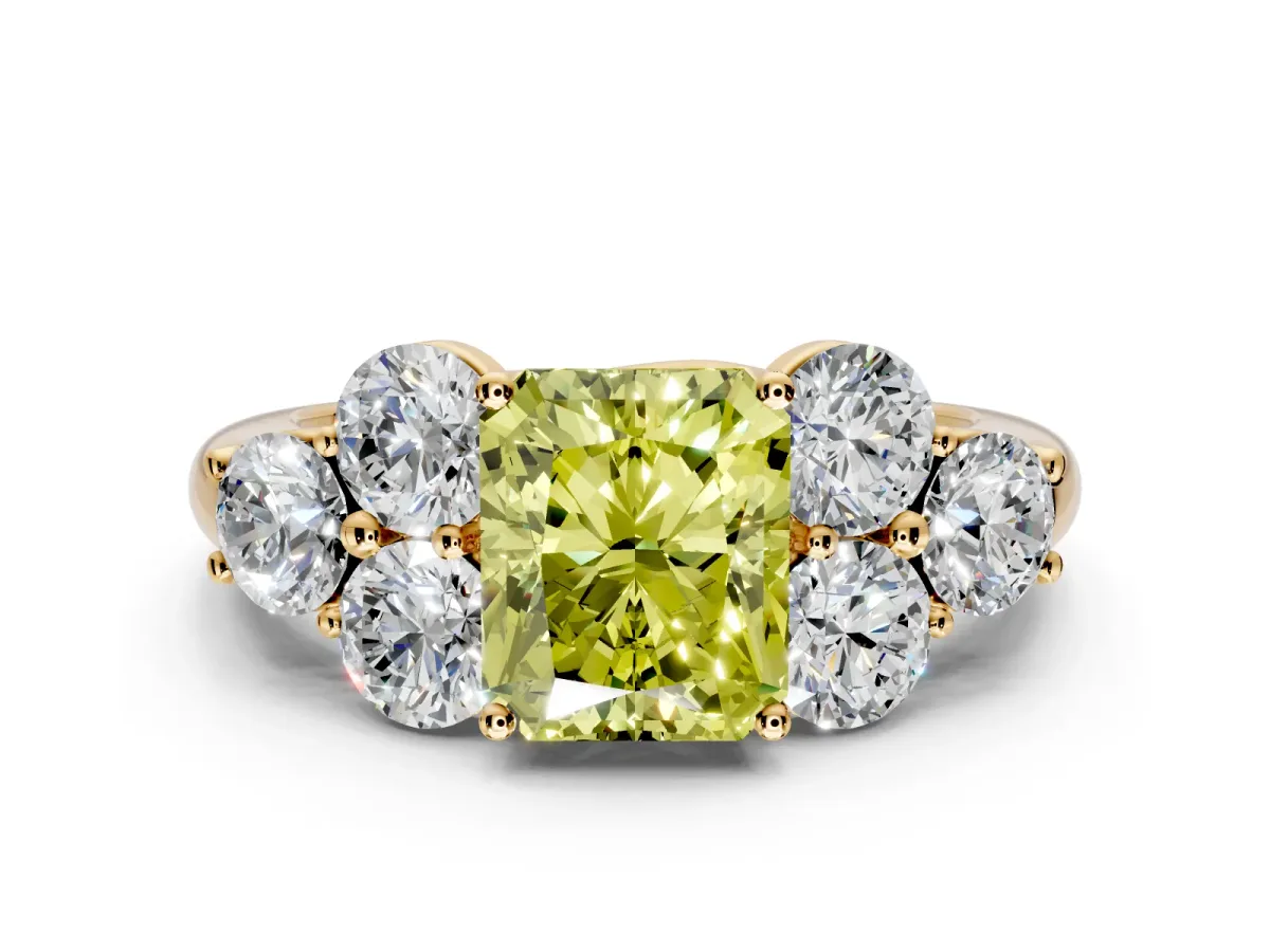 Cluster Engagement Ring Setting for Fancy Yellow Radiant Cut Center with Round Cut Accent Frame and Prong Head in Yellow Gold