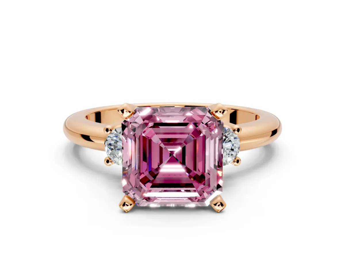 3 Stone Engagement Ring Setting for Fancy Pink Asscher Cut Center with Wide Plain Band and Prong Head in Rose Gold