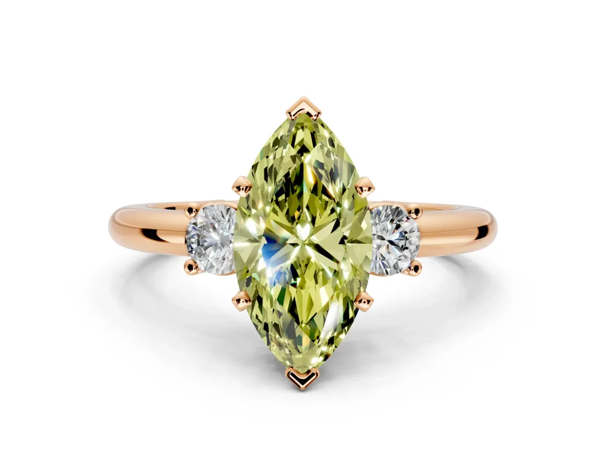 3 Stone Engagement Ring Setting for Fancy Yellow Marquise Center with Wide Plain Band and Prong Head in Rose Gold