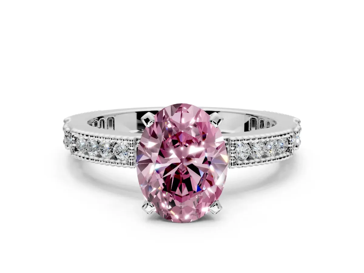 Solitaire Engagement Ring Setting for Fancy Pink Oval Center with Milgrain-Edged Pave Band and Prong Head in Sterling Silver