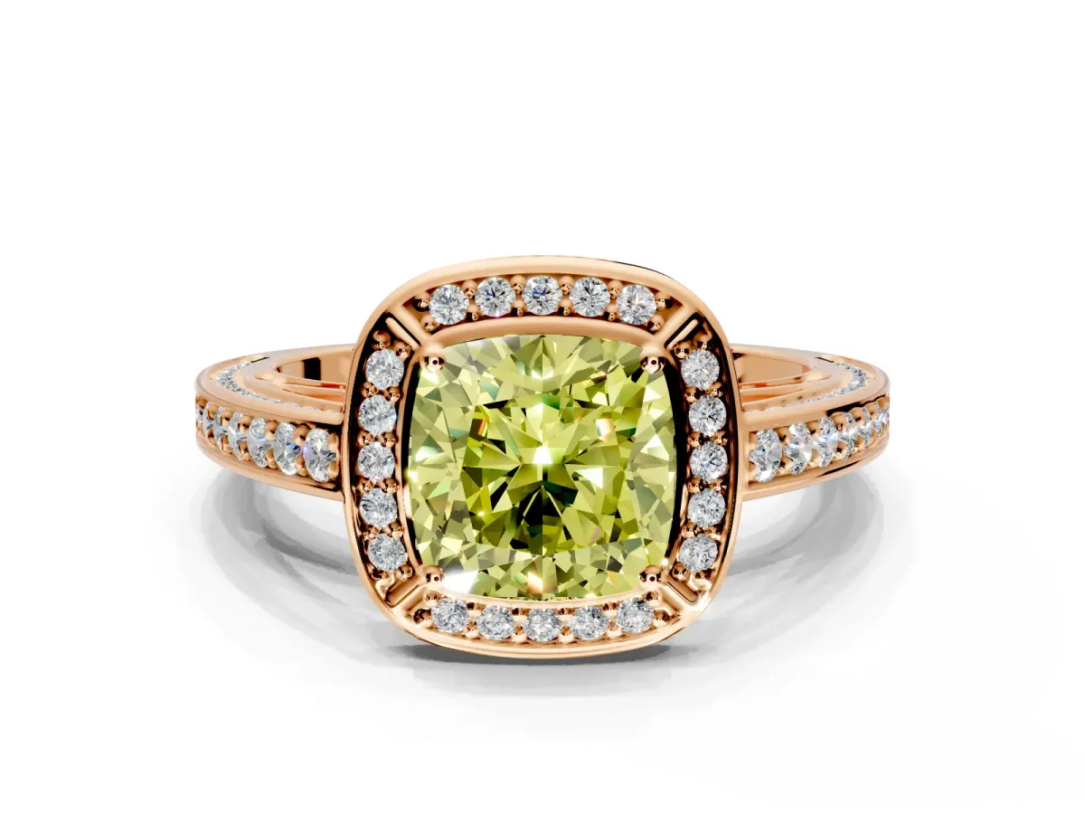 Halo Engagement Ring Setting for Fancy Yellow Cushion Cut Center with Framed Halo, Pave Band and Prong Head in Rose Gold