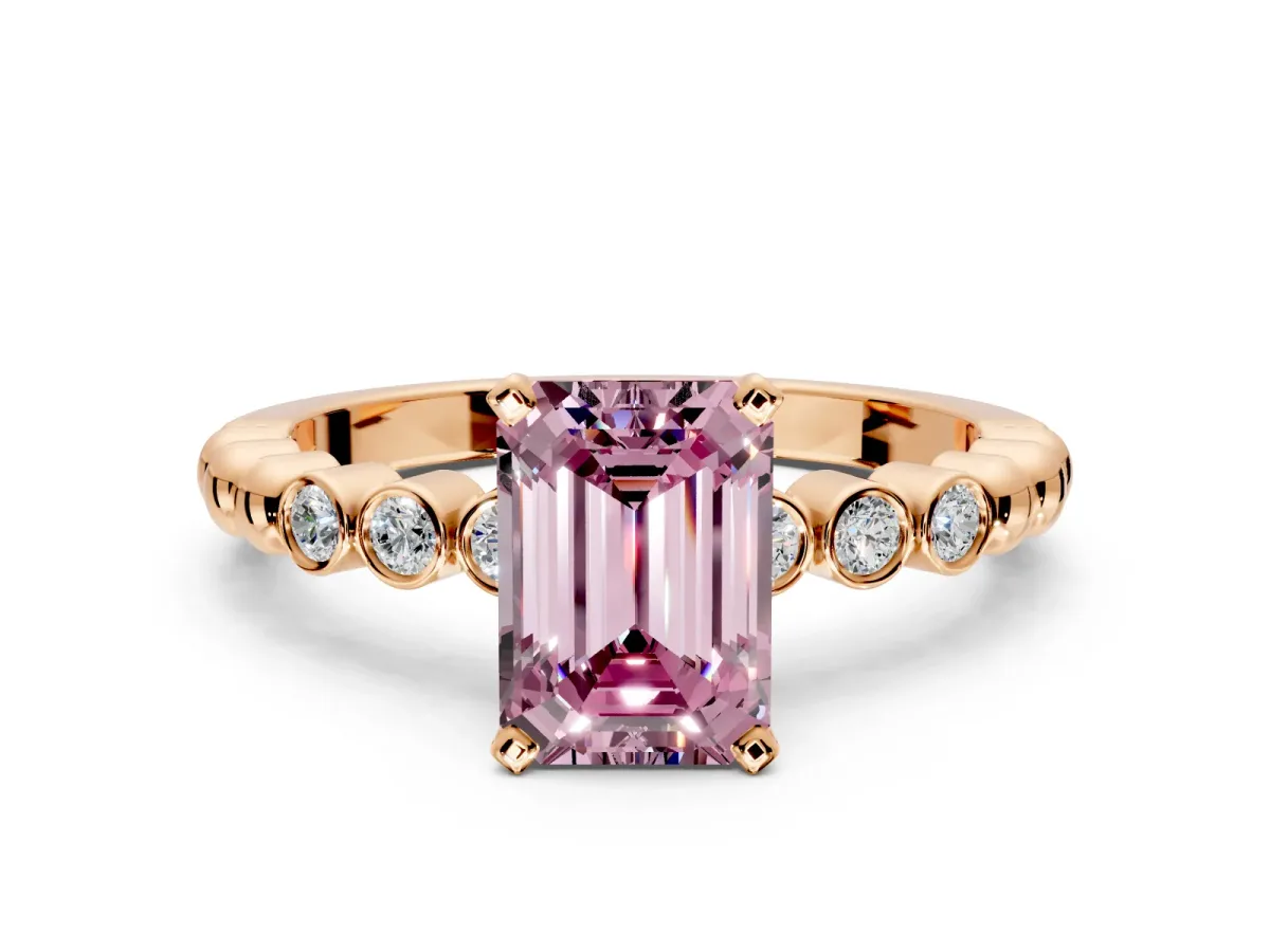 Solitaire Engagement Ring Setting for Fancy Pink Emerald Cut Center with Bezel-Dot Beaded Band and Prong Head in Rose Gold