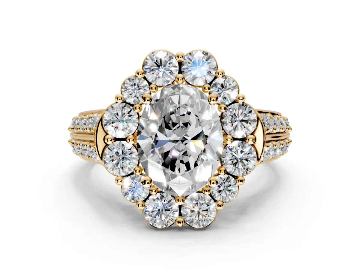Large Accent Halo Engagement Ring Setting for Oval Center with Pave Split Shank and Prong Head in Yellow Gold