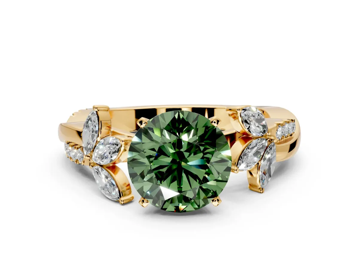 Floral Engagement Ring Setting for Fancy Green Round Cut Center with Trailing Marquise Accents and Prong Head in Yellow Gold