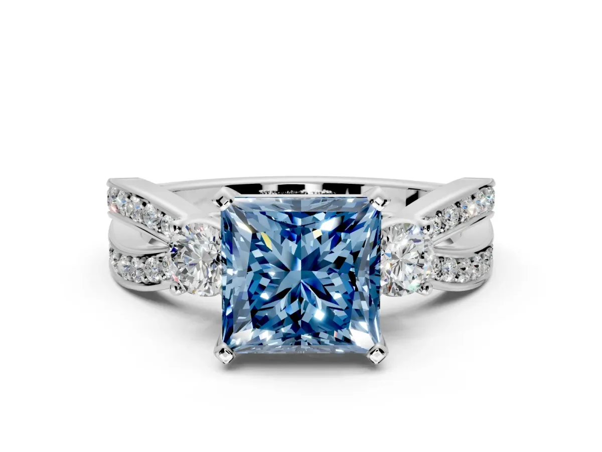 3 Stone Engagement Ring Setting for Fancy Blue Princess Cut Center with Pave Twist Band and Prong Head in Sterling Silver
