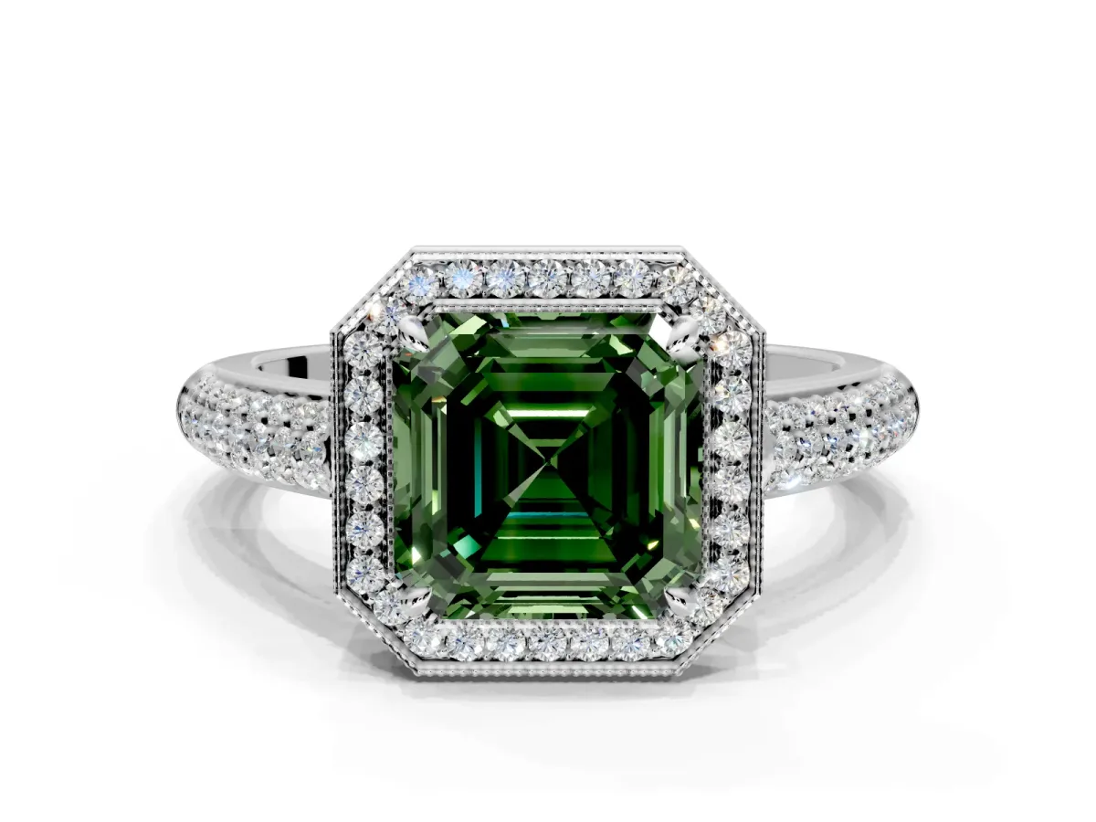 Milgrain Halo Engagement Ring Setting for Fancy Green Asscher Cut Center with Three-Sided Pave Band and Prong Head in Sterling Silver