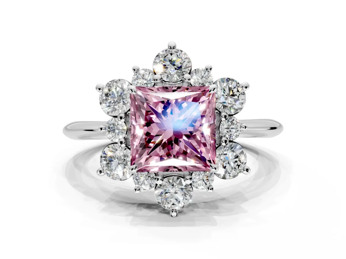 Small-Accent Cluster Halo Engagement Ring Setting for Fancy Pink Princess Cut Center with Plain Band and Prong Head in Sterling Silver