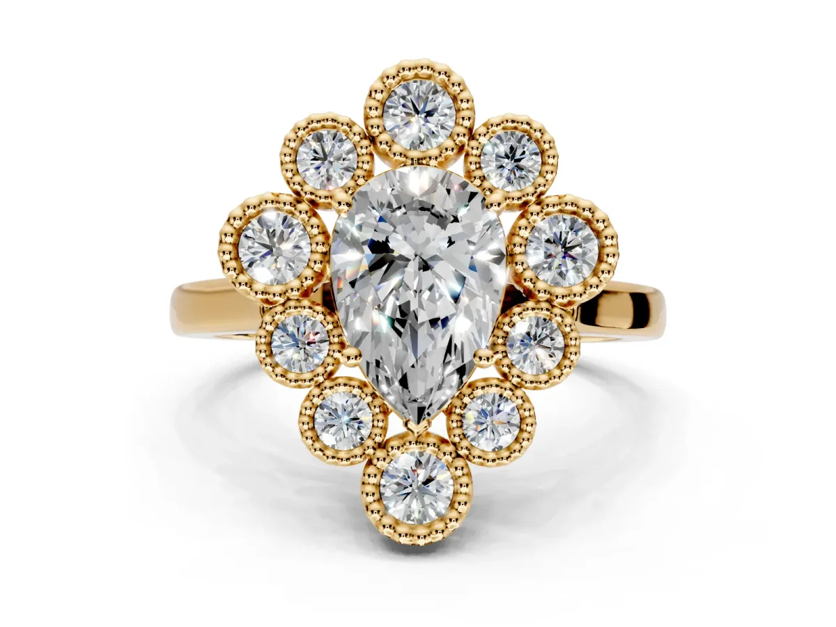 Cluster Halo Engagement Ring Setting for Pear-Shaped Center with Milgrain Bezel Accents and Prong Head in Yellow Gold