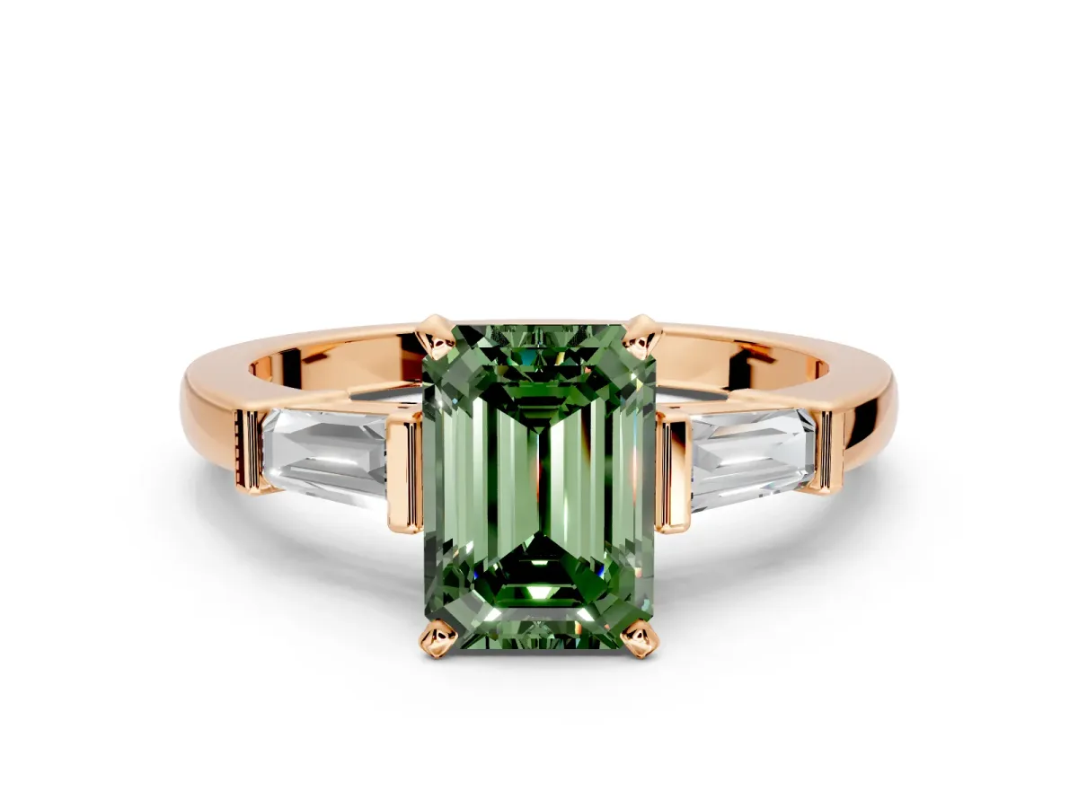 3 Stone Engagement Ring Setting for Fancy Green Emerald Cut Center with Channel Baguette Accents and Prong Head in Rose Gold