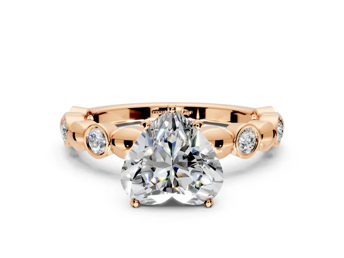 Solitaire Engagement Ring Setting for Heart-Shaped Center with Beaded Bezel Station Band and Prong Head in Rose Gold
