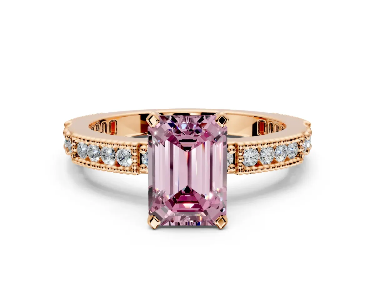 Solitaire Engagement Ring Setting for Fancy Pink Emerald Cut Center with Milgrain-Edged Pave Band and Prong Head in Rose Gold