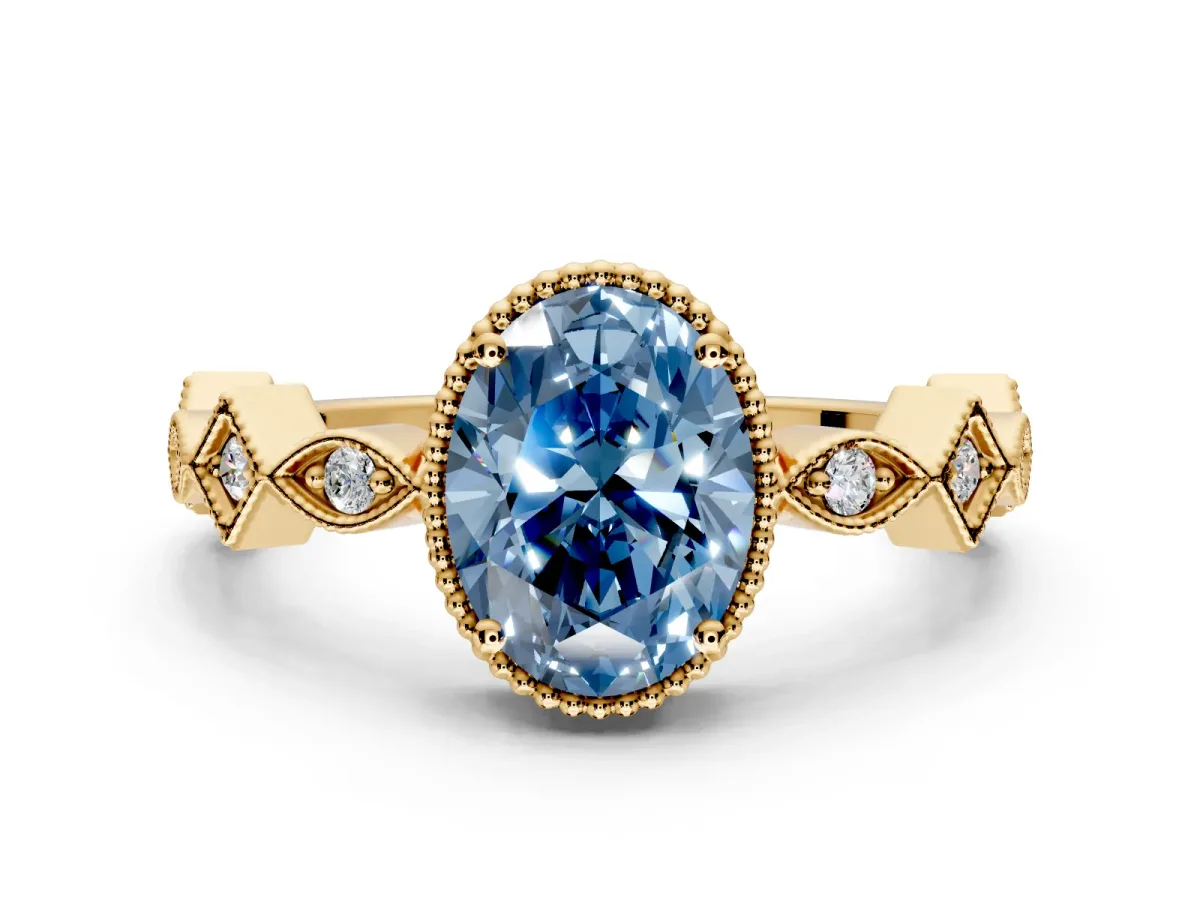 Milgrain Bezel Engagement Ring Setting for Fancy Blue Oval Center with Marquise Stations and Bezel Head in Yellow Gold