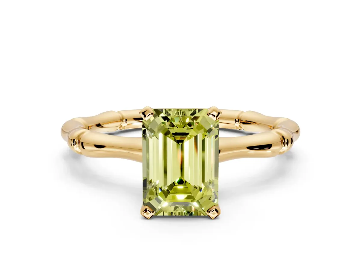 Solitaire Engagement Ring Setting for Fancy Yellow Emerald Cut Center with Bamboo Band and Prong Head in Yellow Gold