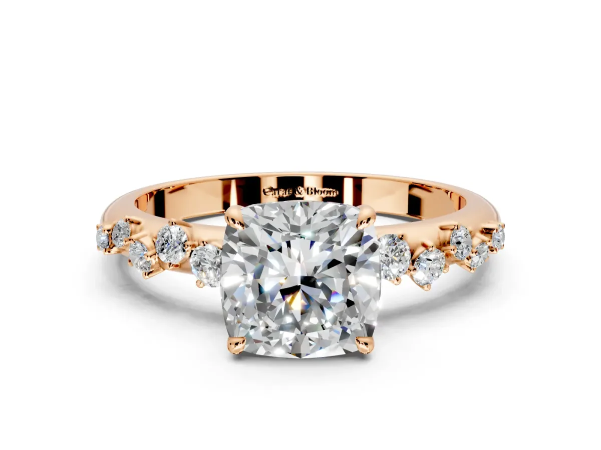 Cluster Engagement Ring Setting for Cushion Cut Center with Round Cut Accent Band and Prong Head in Rose Gold