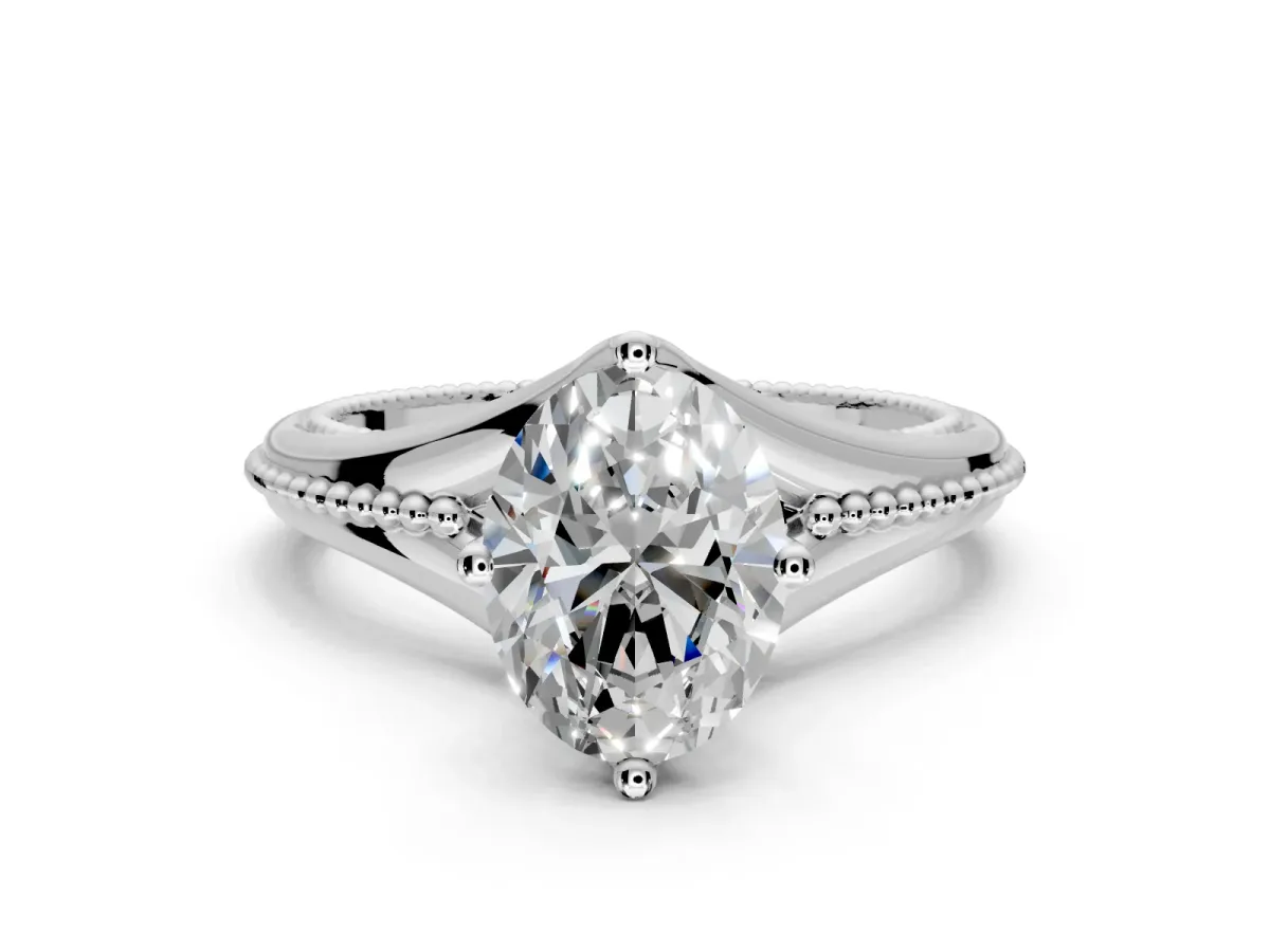 Solitaire Engagement Ring Setting for Oval Center with Milgrain Cathedral Band and Prong Head in Sterling Silver