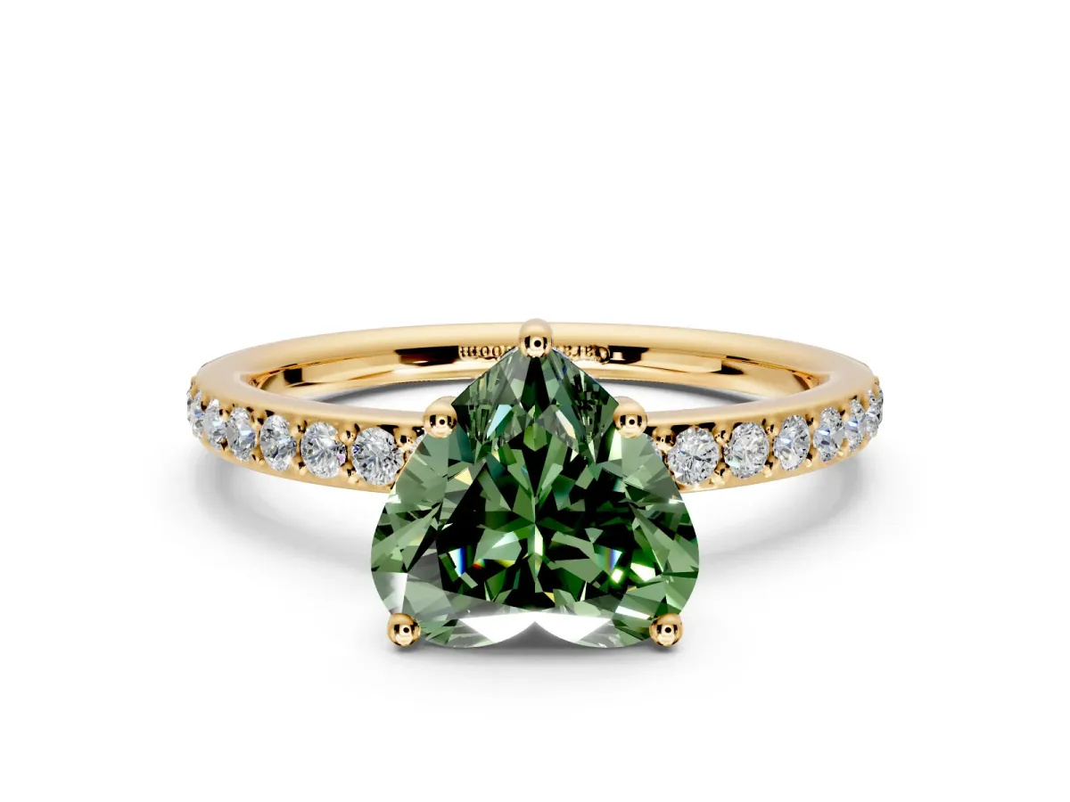 Solitaire Engagement Ring Setting for Fancy Green Heart-Shaped Center with Fine Pave Band and Prong Head in Yellow Gold