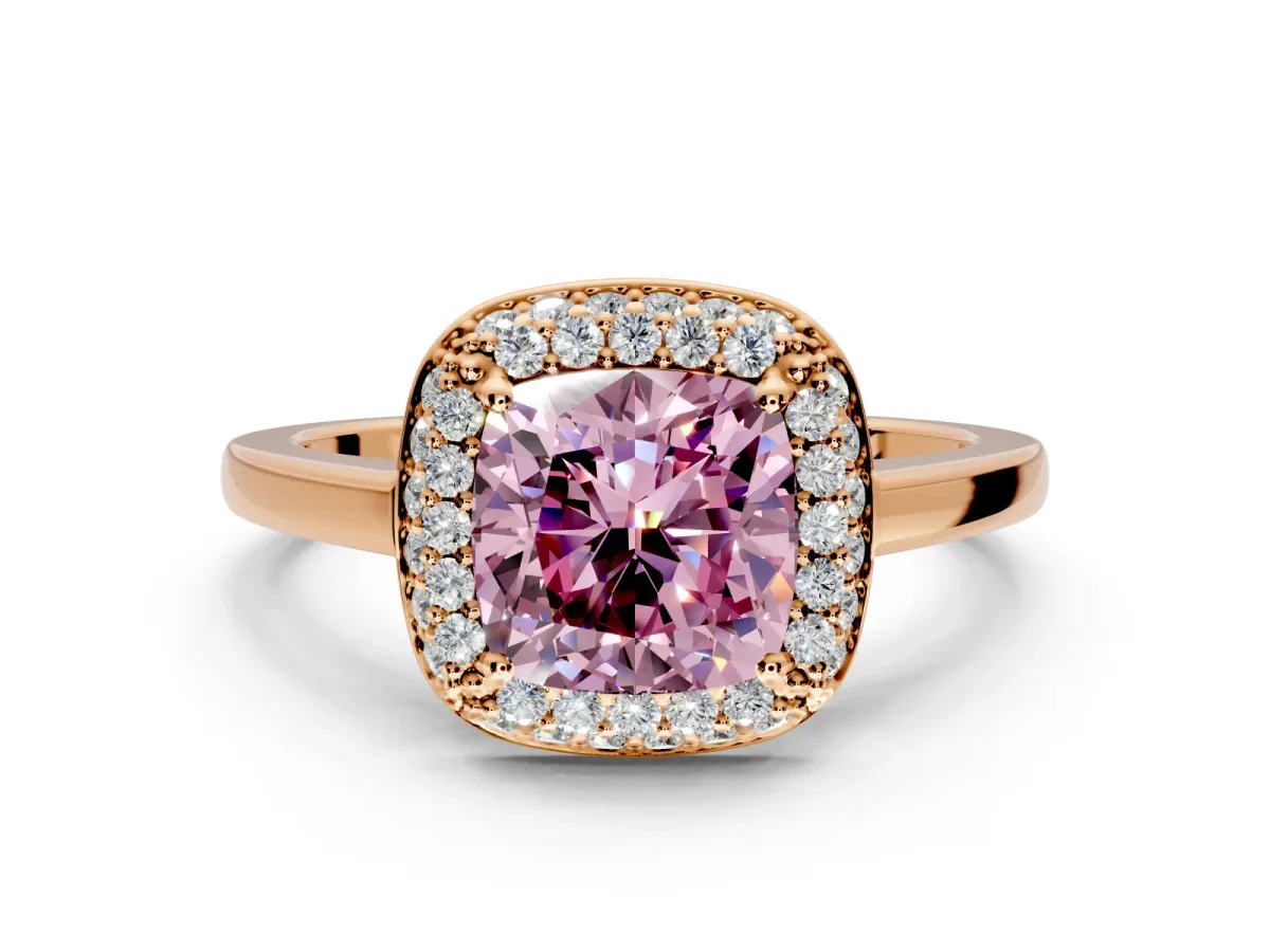 Halo Engagement Ring Setting for Fancy Pink Cushion Cut Center with Plain Tapered Band and Prong Head in Rose Gold