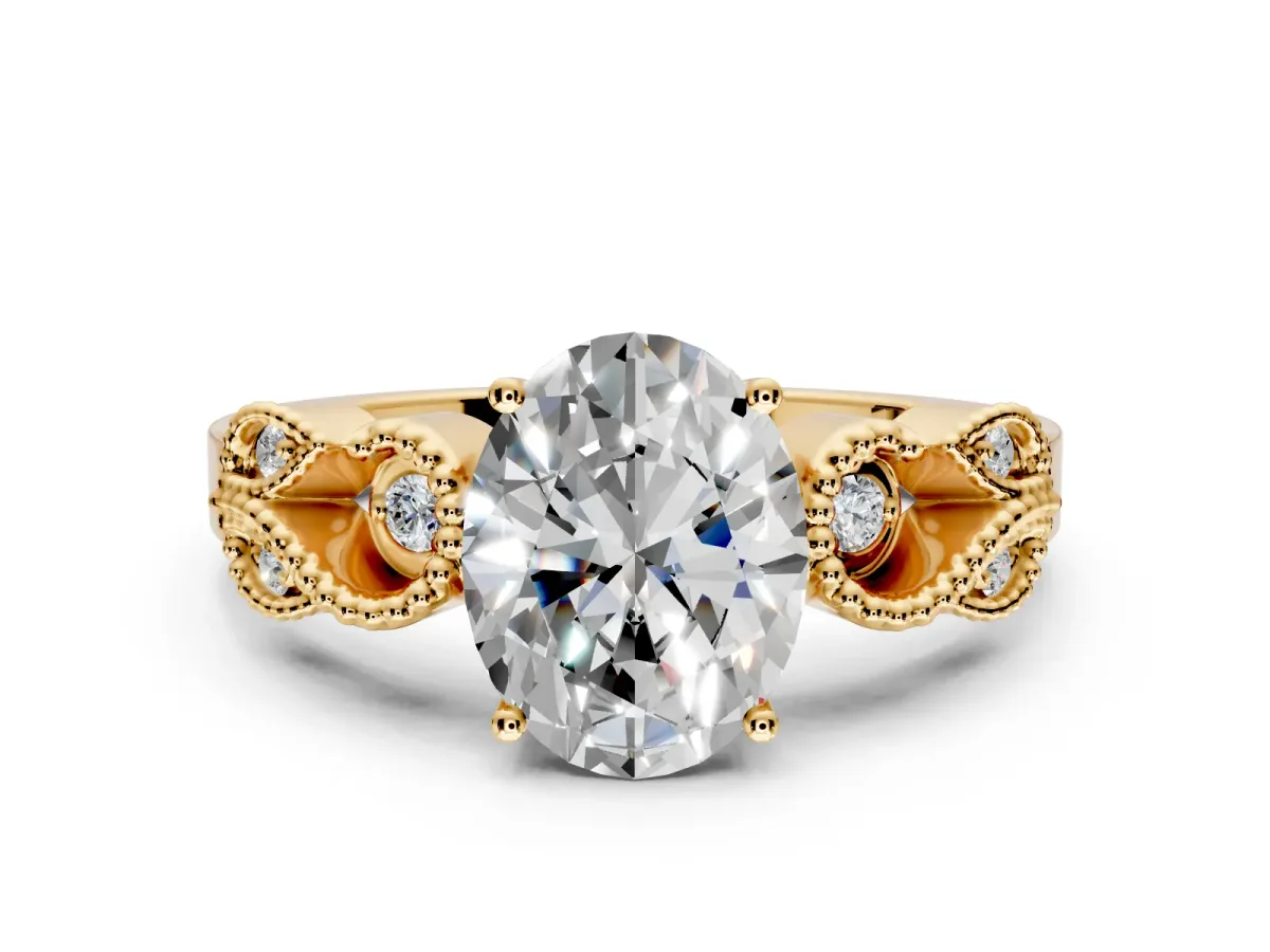 Leaf Engagement Ring Setting for Oval Center with Milgrain Accent Band and Prong Head in Yellow Gold