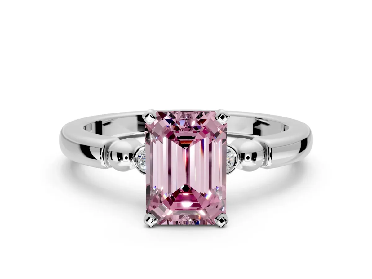 Solitaire Engagement Ring Setting for Fancy Pink Emerald Cut Center with Beaded Shoulders and Prong Head in Platinum