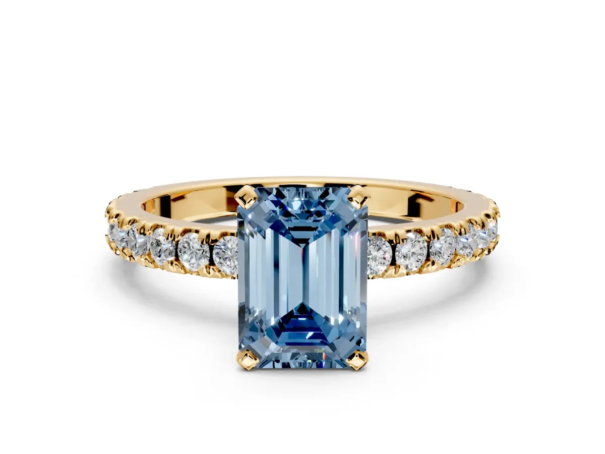 Solitaire Engagement Ring Setting for Fancy Blue Emerald Cut Center with Fine Pave Band and Claw Prong Head in Yellow Gold