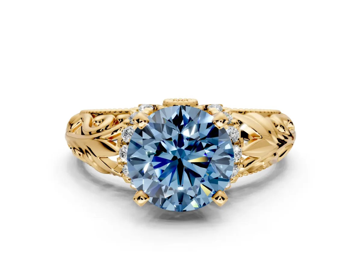 Solitaire Engagement Ring Setting for Fancy Blue Round Cut Center with Filigree Accent Basket and Prong Head in Yellow Gold