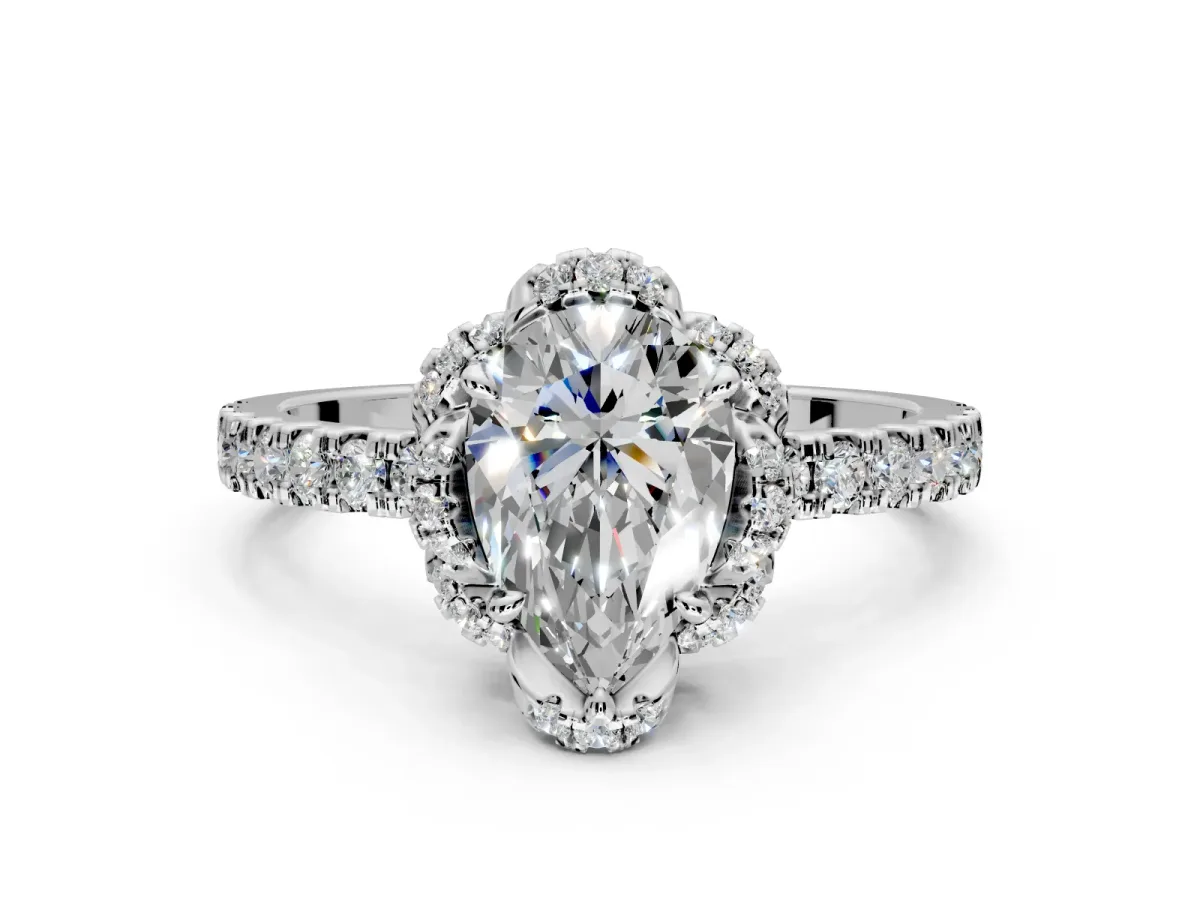 Halo Engagement Ring Setting for Pear-Shaped Center with Openwork Halo, Pave Band and Prong Head in Platinum